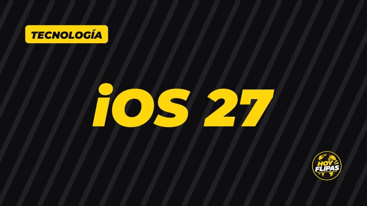 Ilustración tipográfica con el texto iOS 27 en negro sobre fondo amarillo