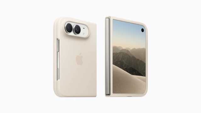 Dos iPhone Duo en color claro, uno plegado visto por detrás y otro abierto con la pantalla encendida